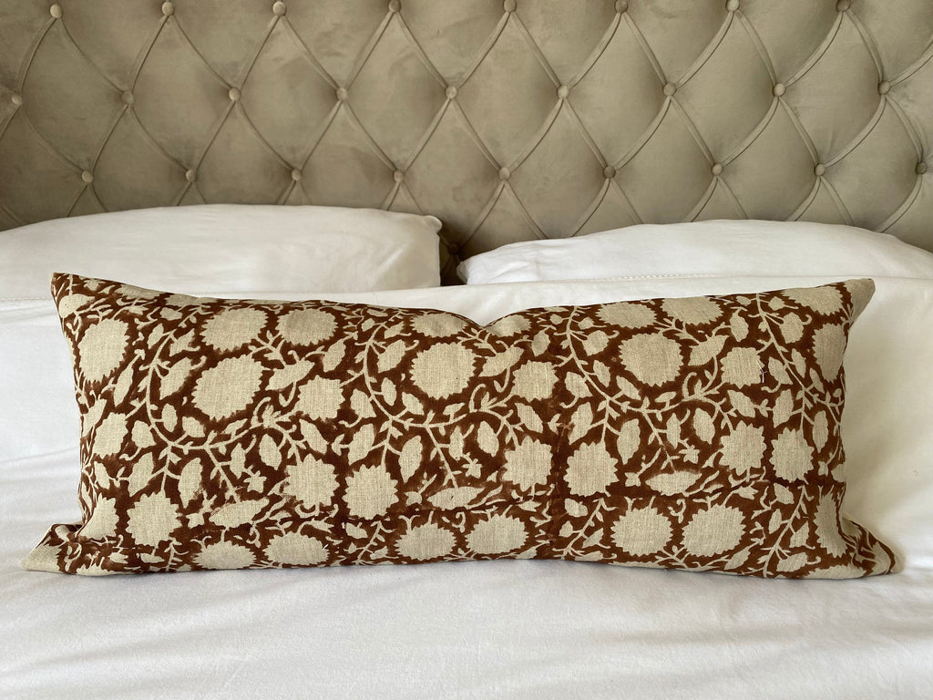 Brown block print bolster pillow cover, neutral home decor