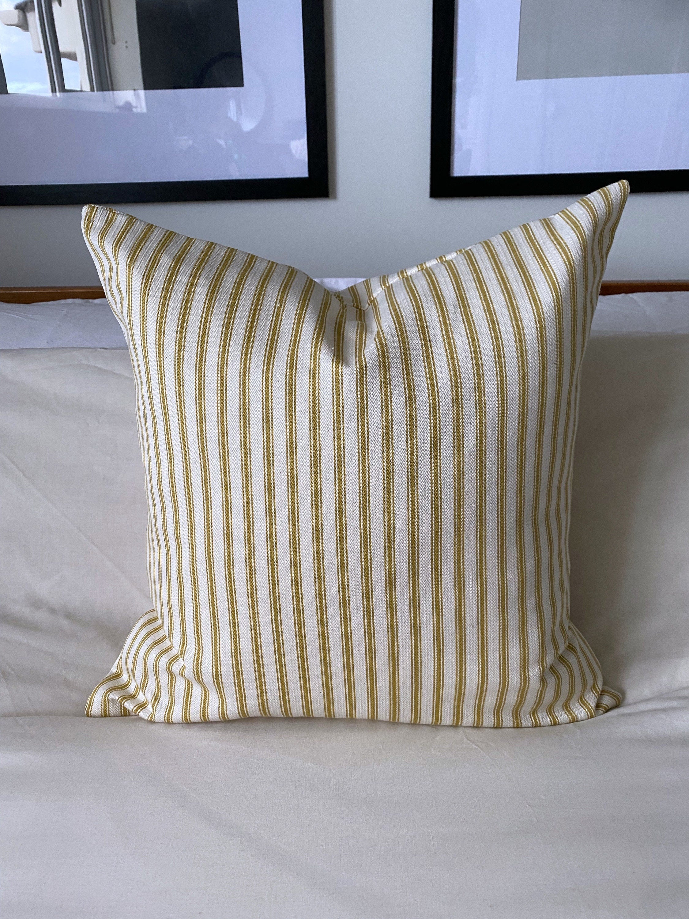 Ochra yellow pillow cover, stripe ticking cushion cover