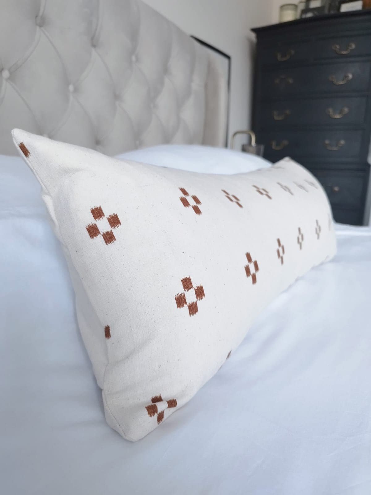 Extra long rust bolster cushion cover: organic cotton envelope style reverse