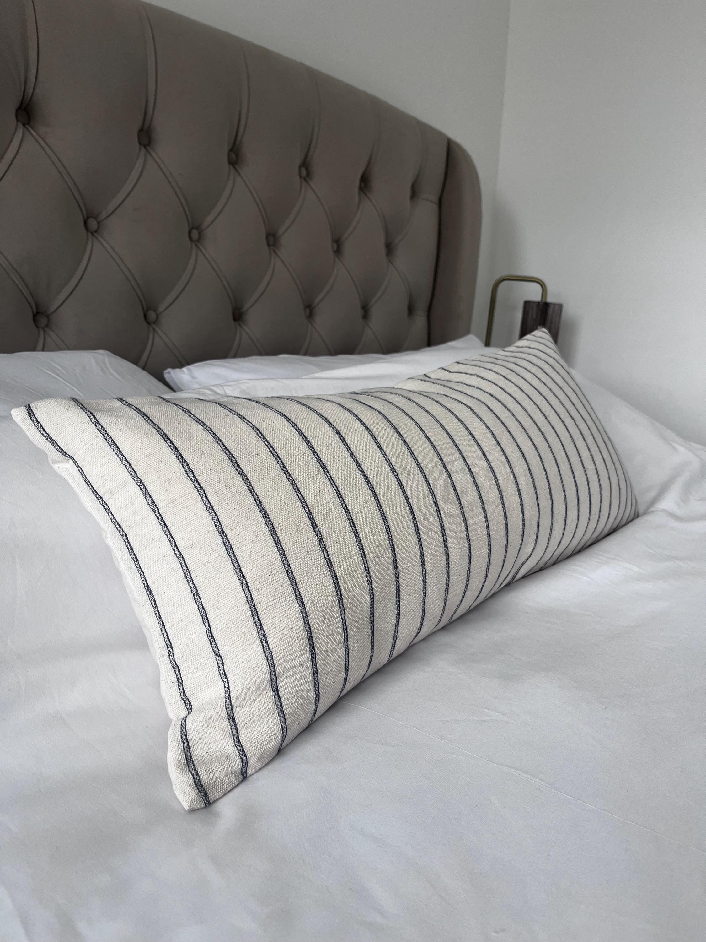 Neutral Stripe Bolster Pillow Cover, Dark Blue Bench Cushion
