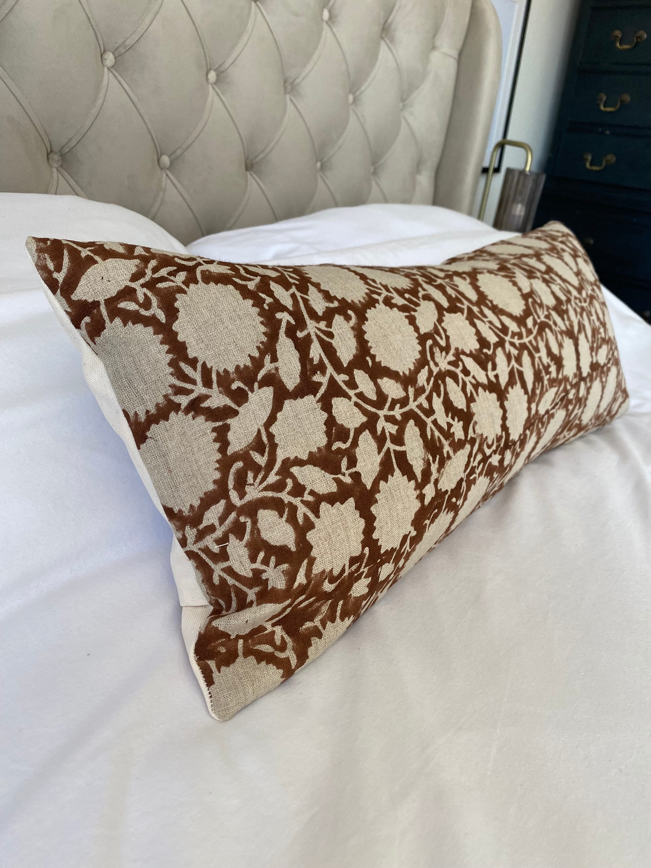Brown block print bolster pillow cover, neutral home decor