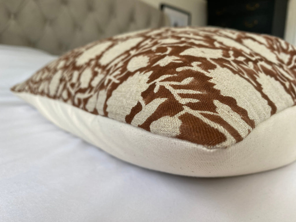 Brown block print pillow cover, neutral home decor, enveloper everse of organic cotton