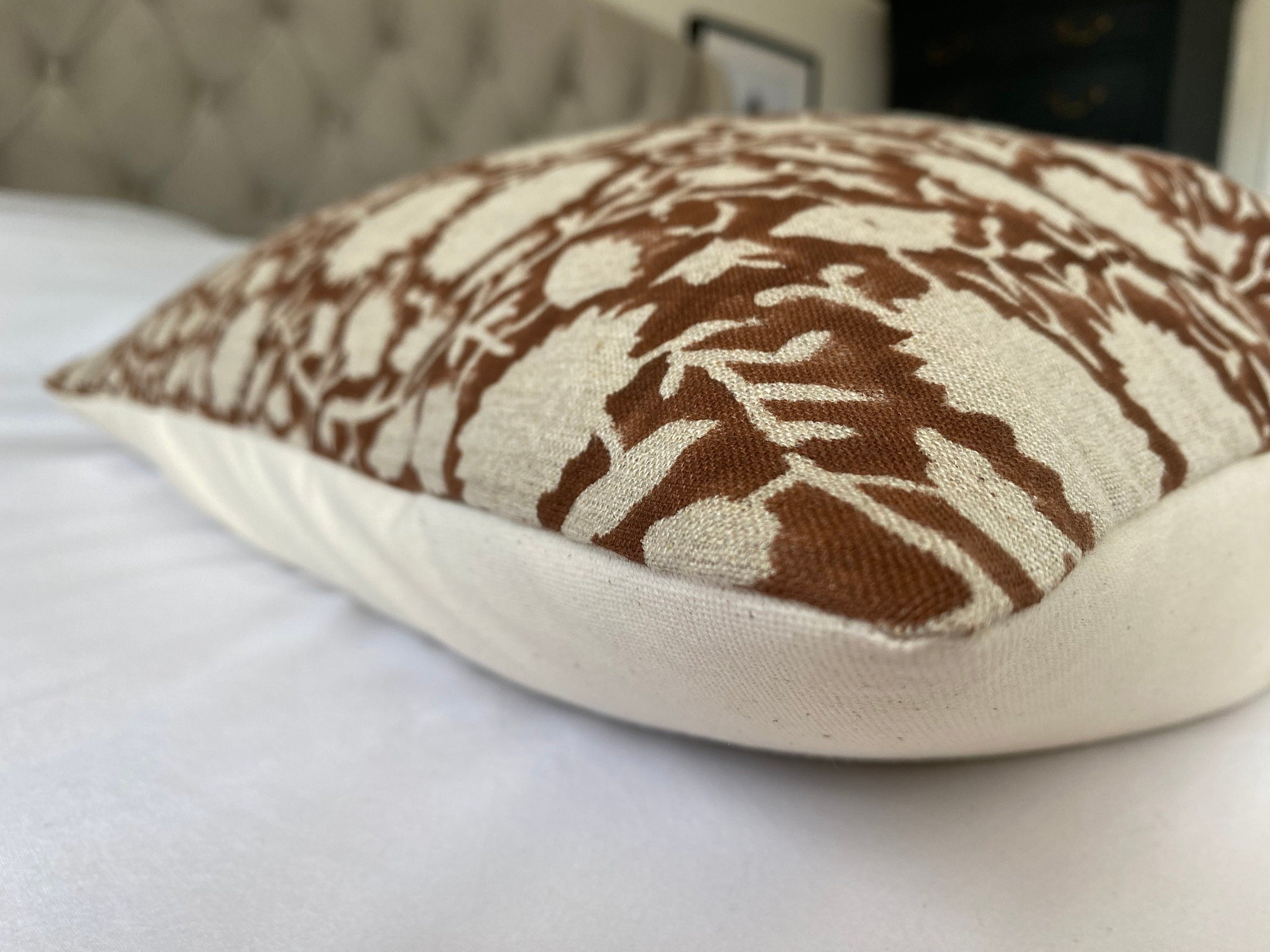 Brown block print pillow cover, neutral home decor, enveloper everse of organic cotton