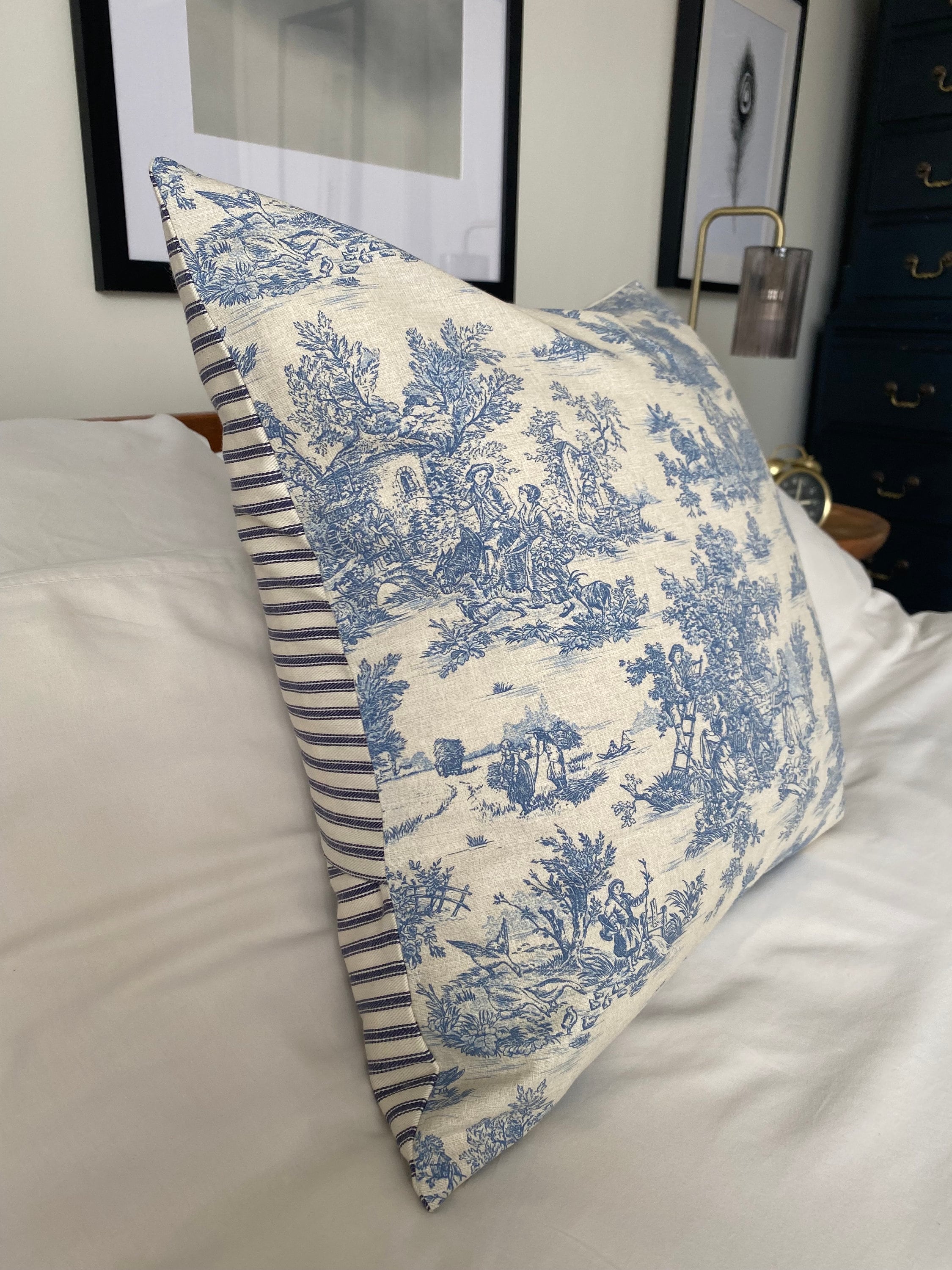 Vintage Toile de Jouy Cushion Cover: French Country Blue Striped Pillow