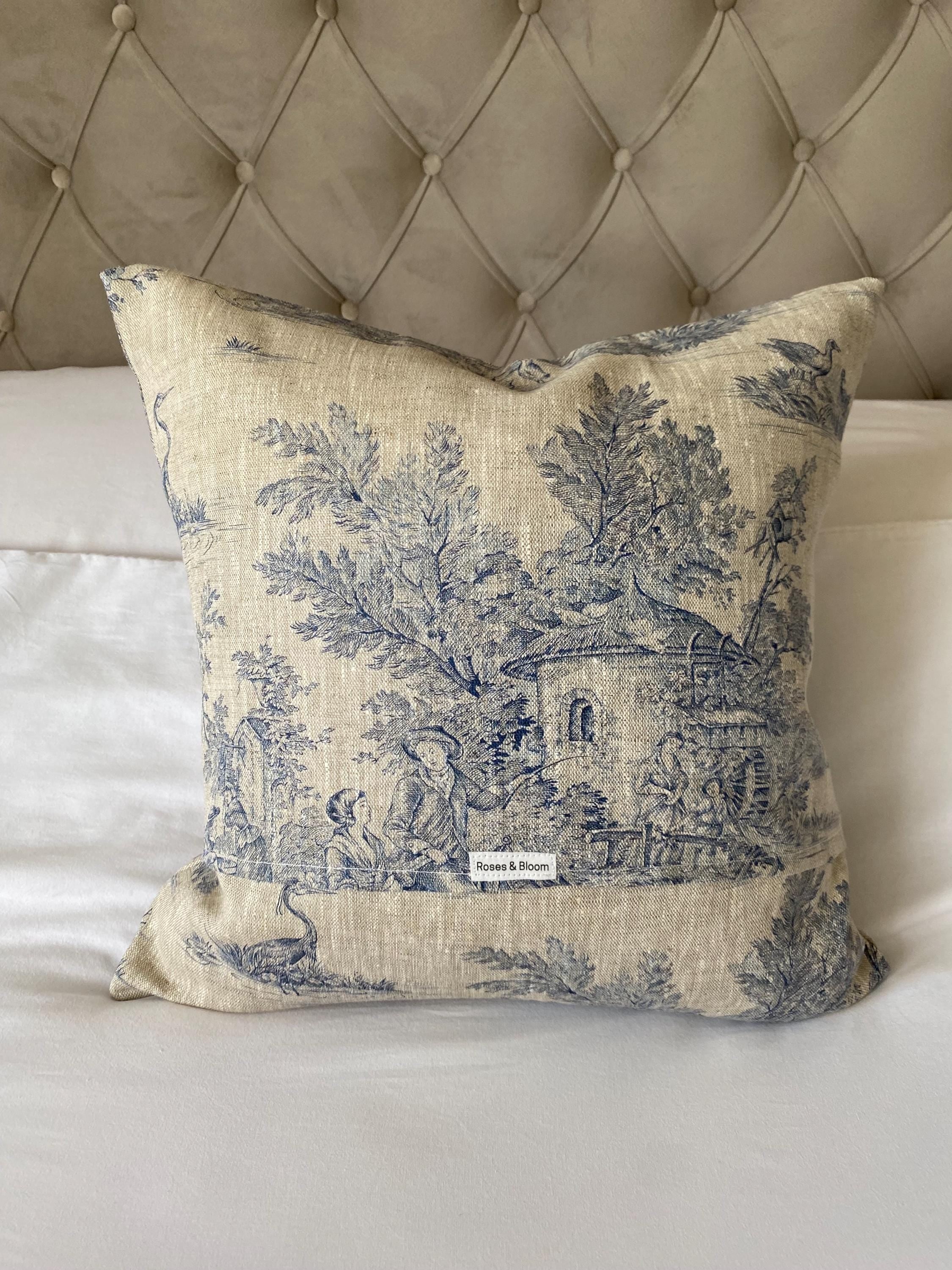 Blue toile de jouy linen cushion cover, french country pillow cover, vintage linen bedding