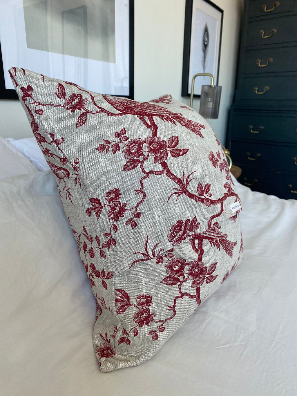 French Country Pillow Cover, Bordeaux Red Toile de Jouy Linen, Vintage Farmhouse Decor