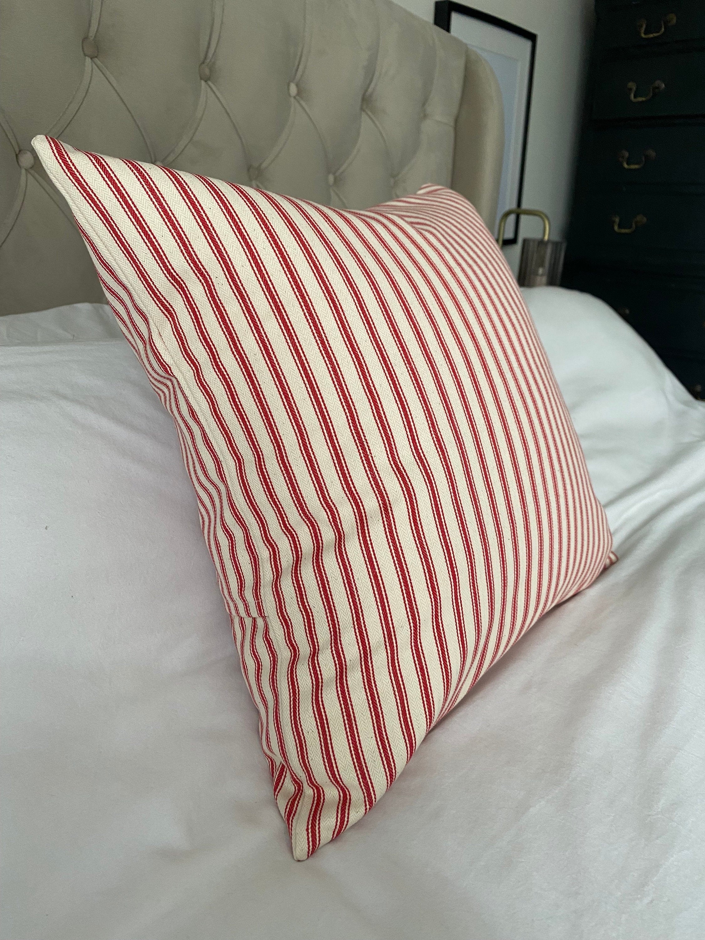 Red Ticking Stripe Cushion Cover – Envelope Back Cotton Pillow Case | Farmhouse & Rustic Decor