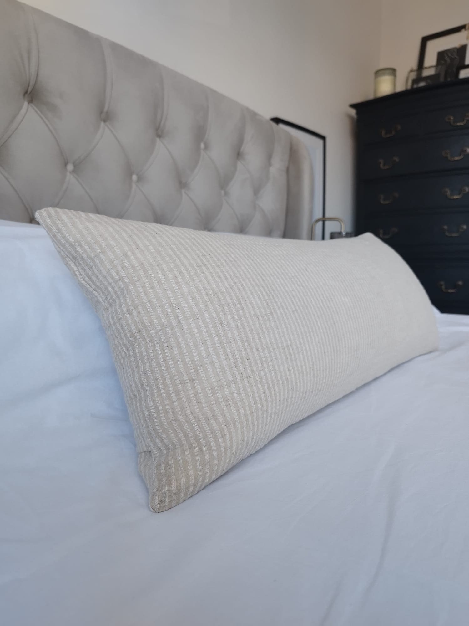 Extra long lumbar pillow cover, boho home decor, neutral woven cotton cushion, cream stripe bolster, beige bamboo and hemp long throw pillow