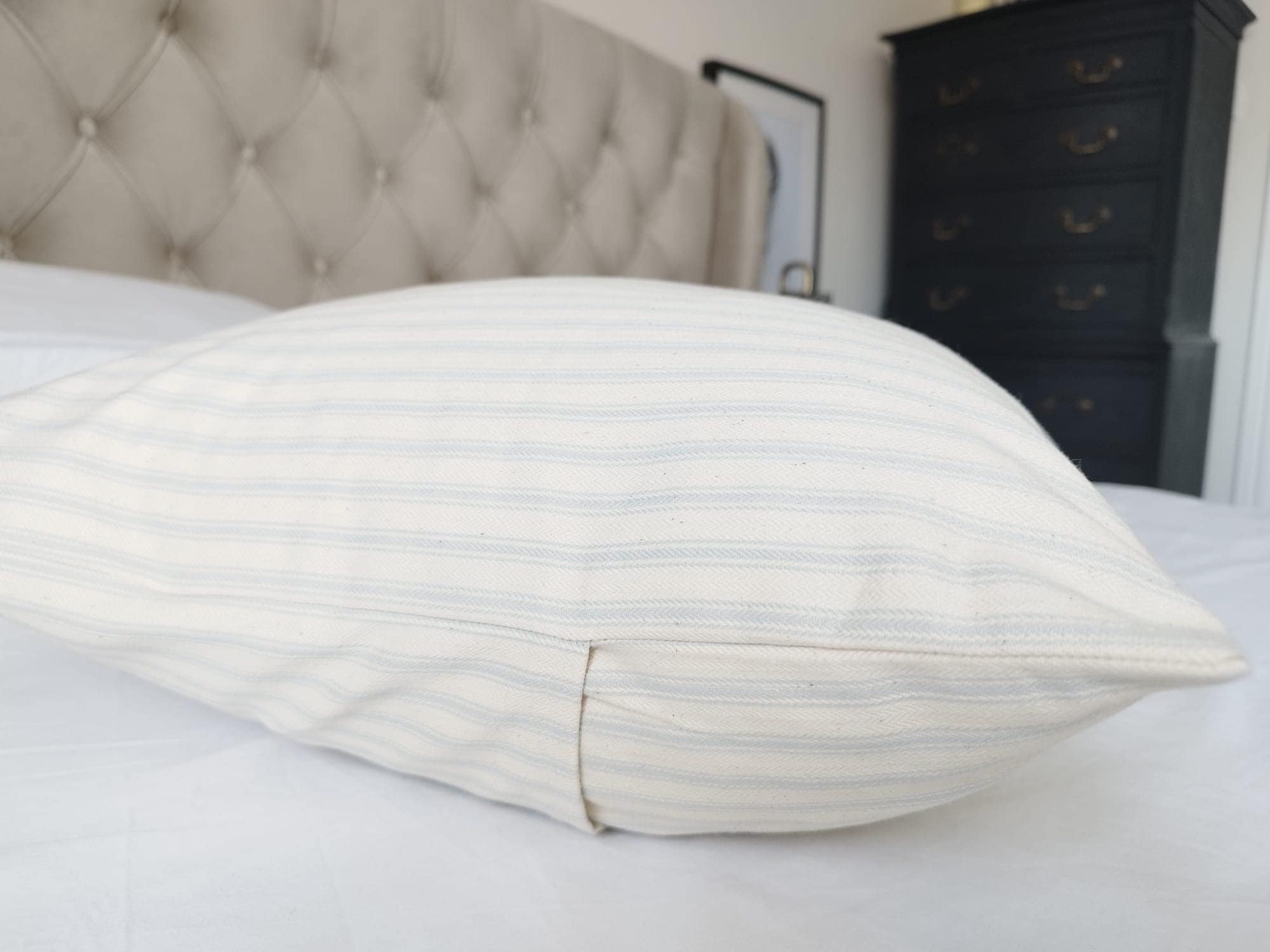 Farmhouse cushion covers, light powder blue stripe ticking pillows,