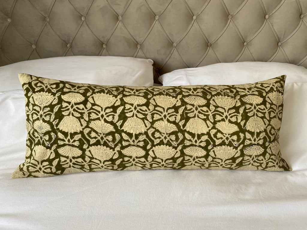 Block Print lumbar cushion cover; with organic cotton reverse