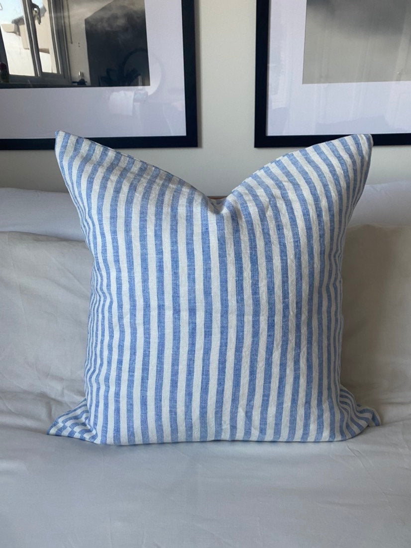 Striped blue throw pillow cover, stripe ticking linen cushion, french ticking throw
