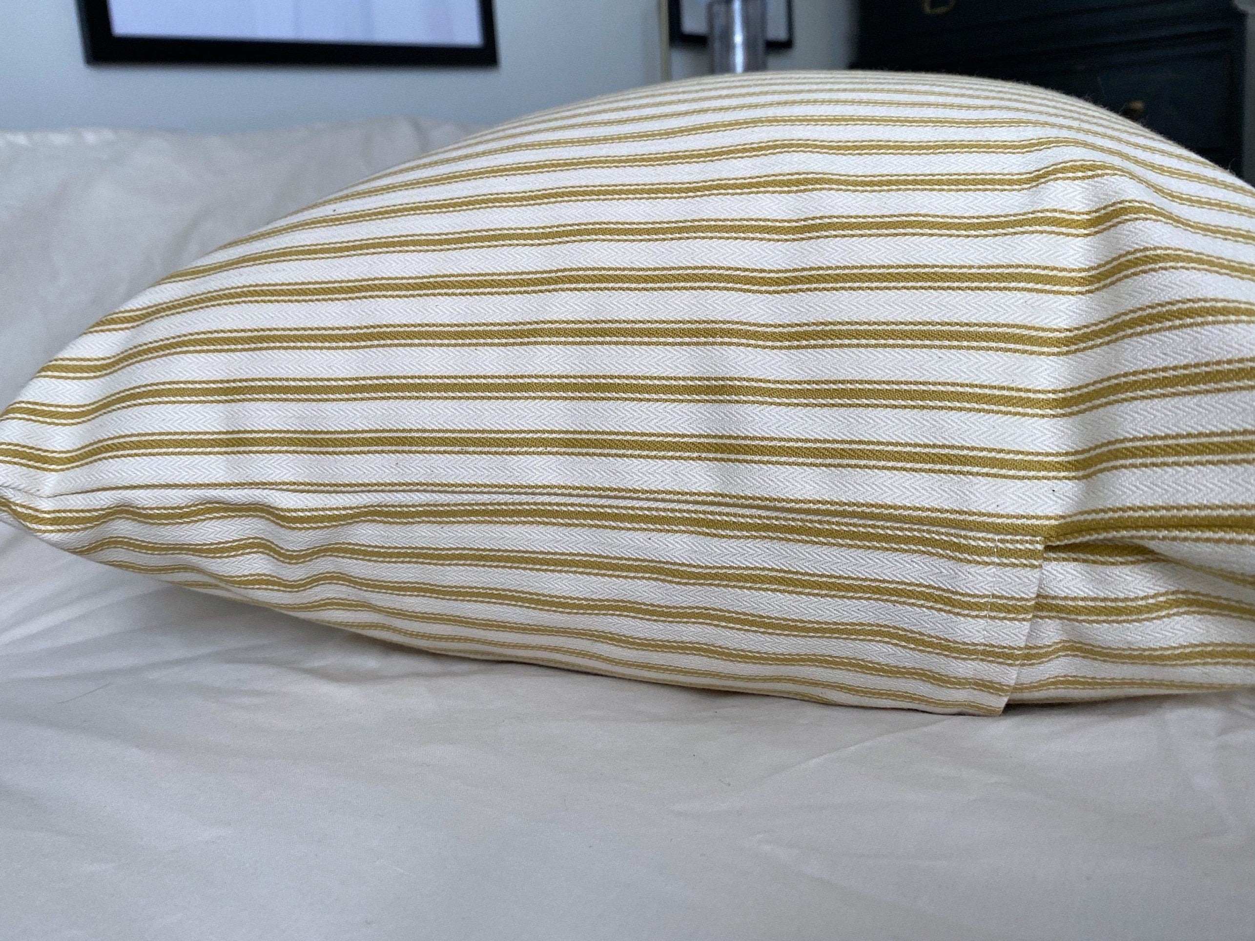 Ochra yellow pillow cover, stripe ticking cushion cover