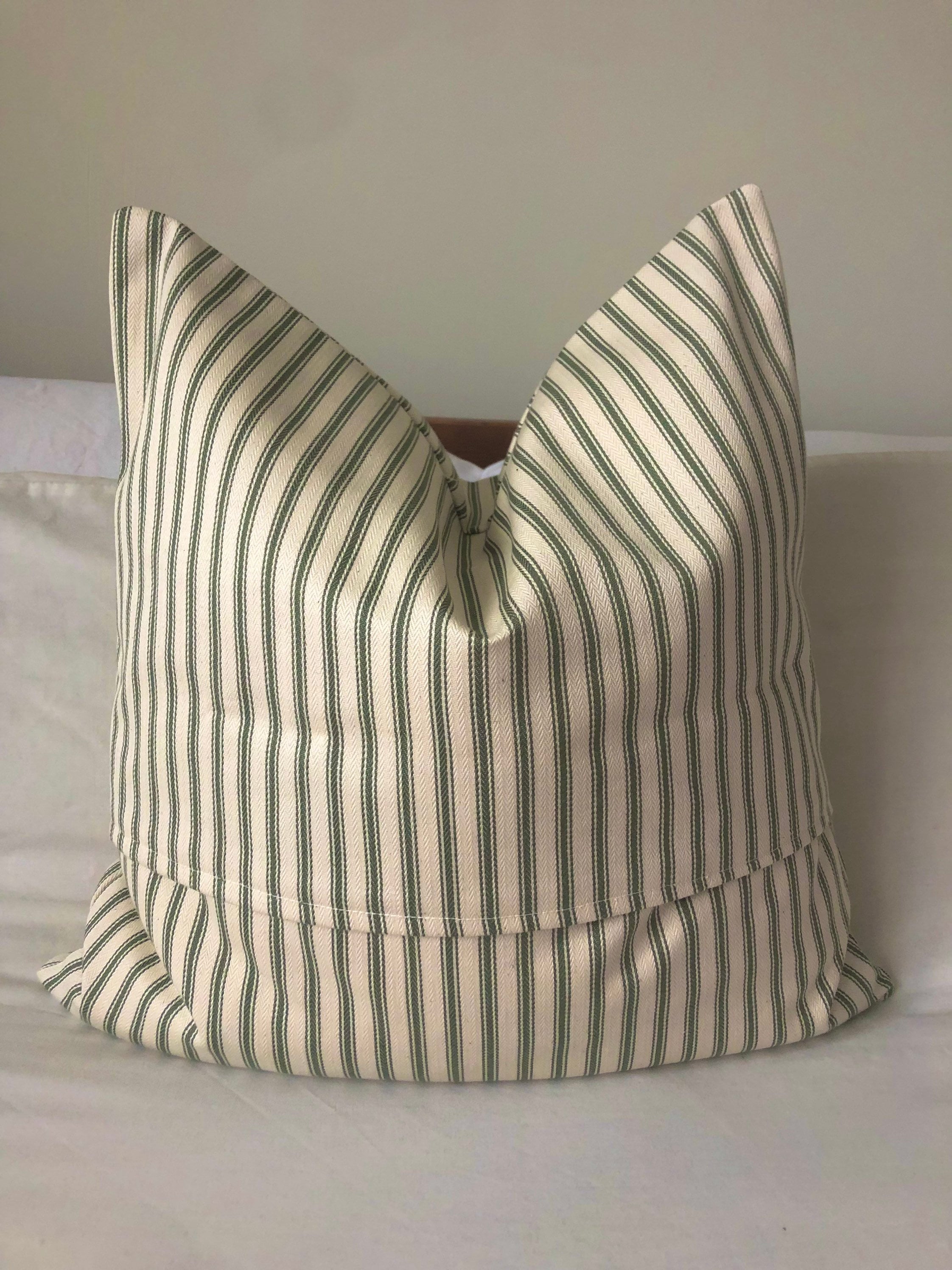 French country cushion cover, olive green ticking stripe pillow cover with envelope reverse