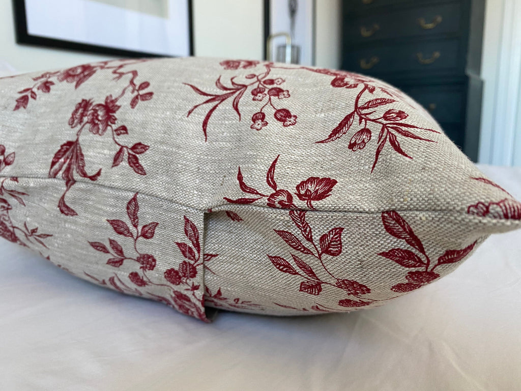 French Country Pillow Cover, Bordeaux Red Toile de Jouy Linen, Vintage Farmhouse Decor