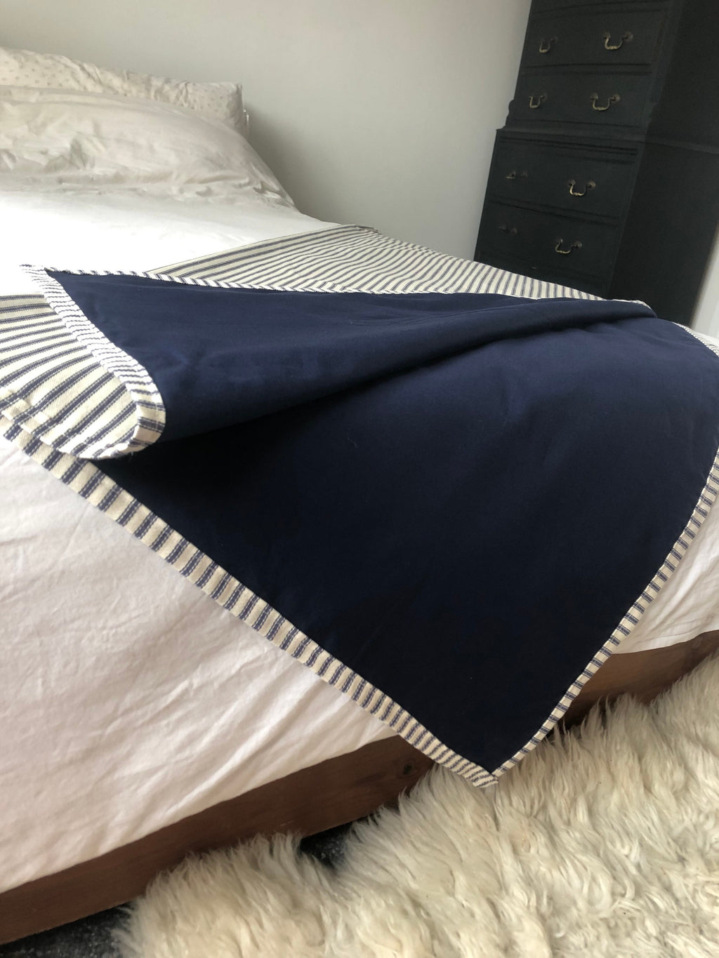 Navy Blue Ticking Stripe Throw Blanket – coastal home decor
