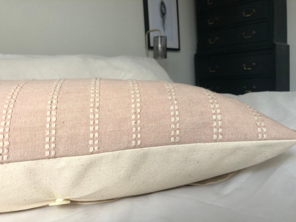 long bolster pillow cover, blush pink lumbar pillow, Neutral stripe bolster, bohemian home decor, organic cotton throw, bench cushion