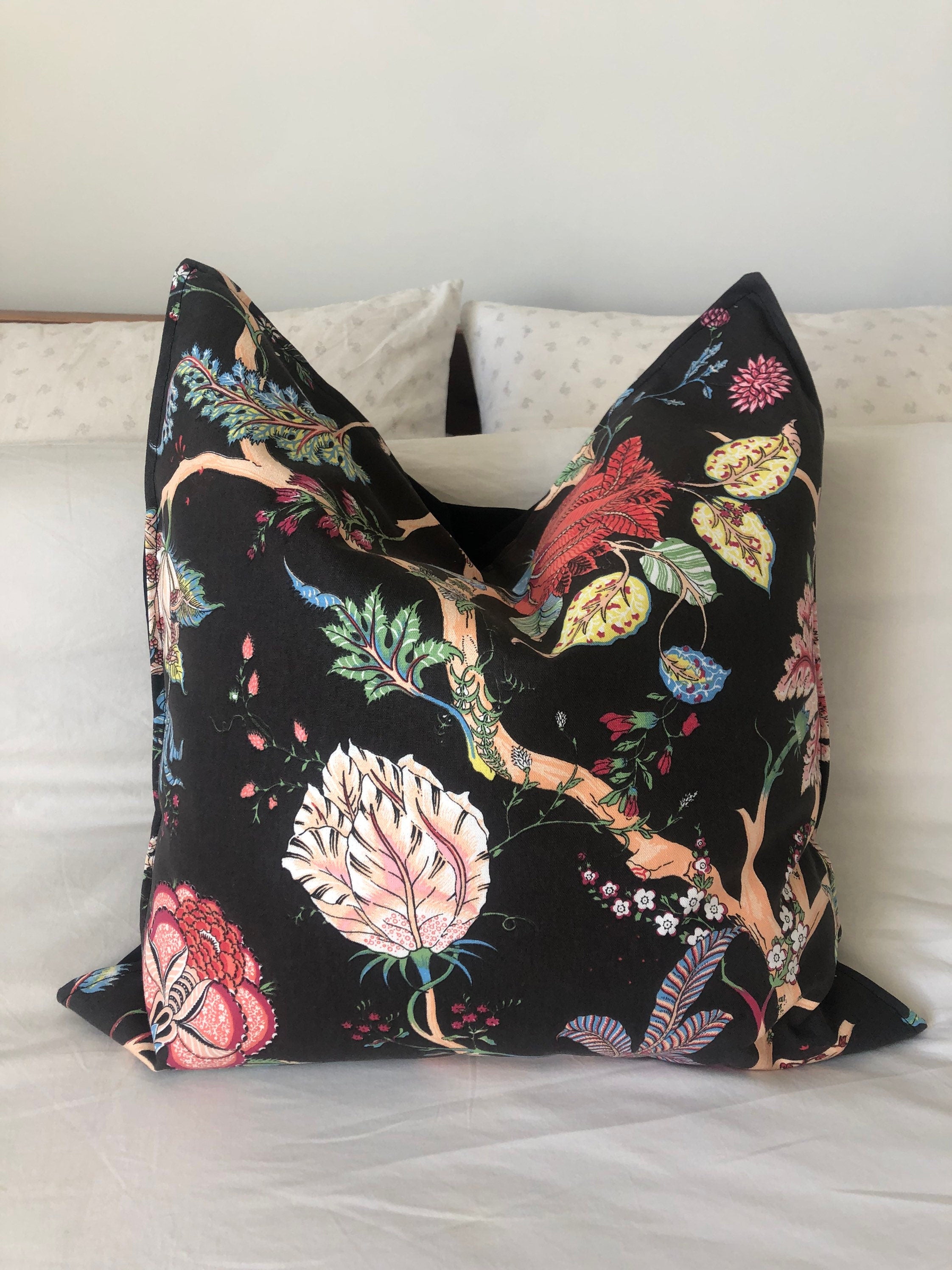 Black Floral Pillow Cover, Vintage Botanical Print, Eclectic Decor