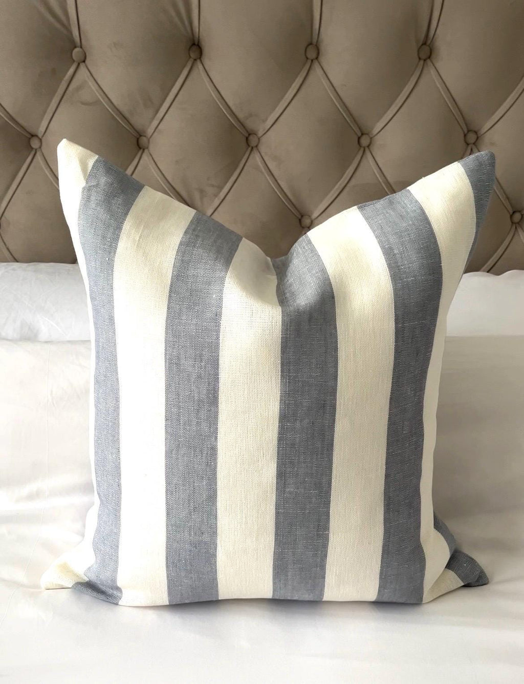 Wide stripe pillow cover with coastal design, envelope reverse side