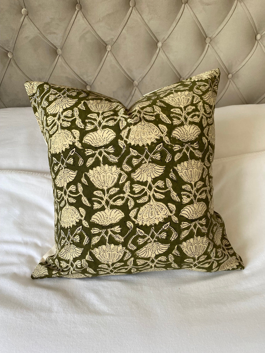 olive green block print cotton cushion covers, with an organic cotton reverse