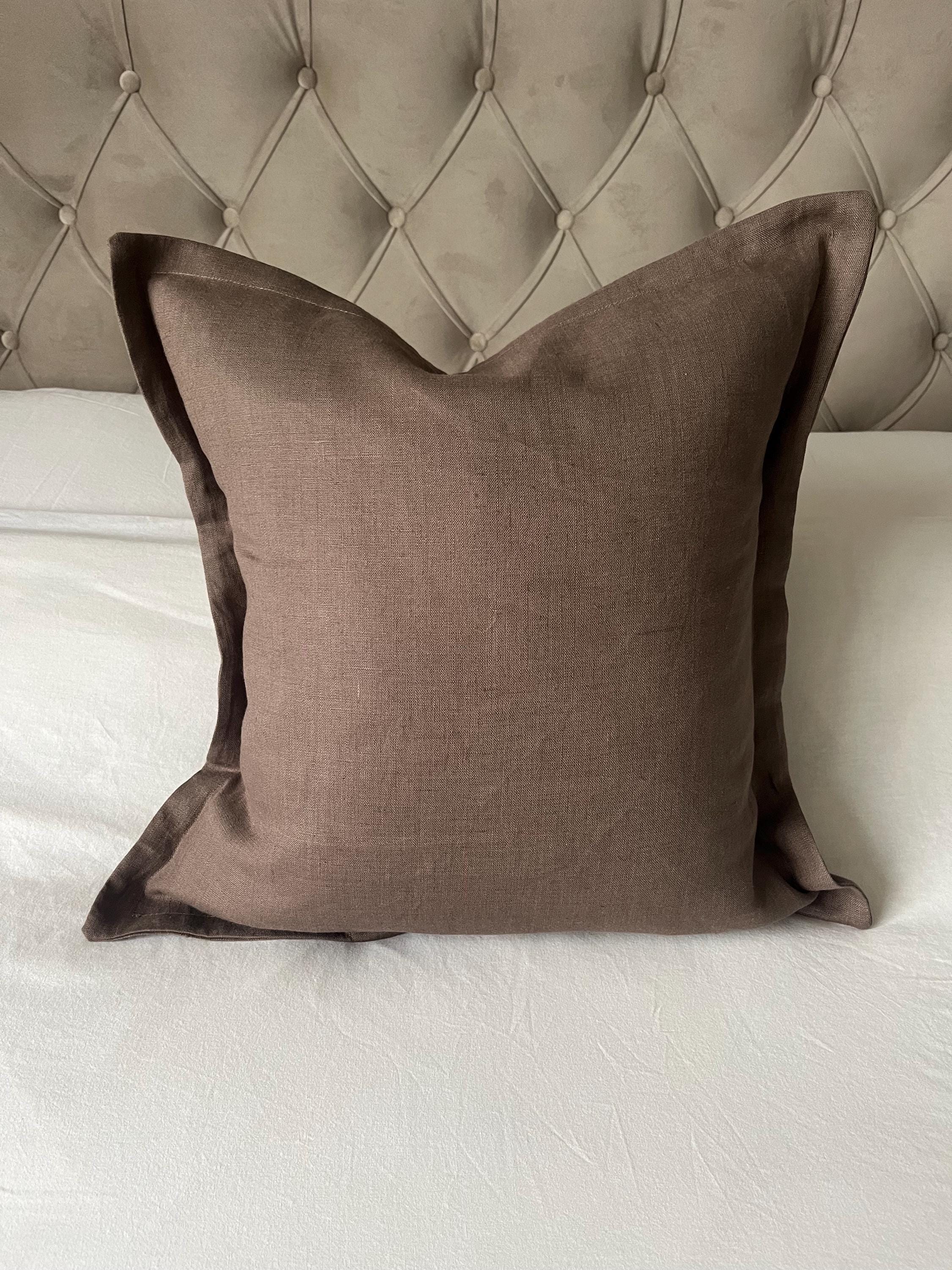 Mocha brown pillow cover within oxford edging, neutral linen cushion cover