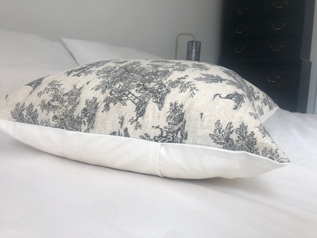 French farmhouse cushion cover, in anthracite grey toile de jouy cotton fabric