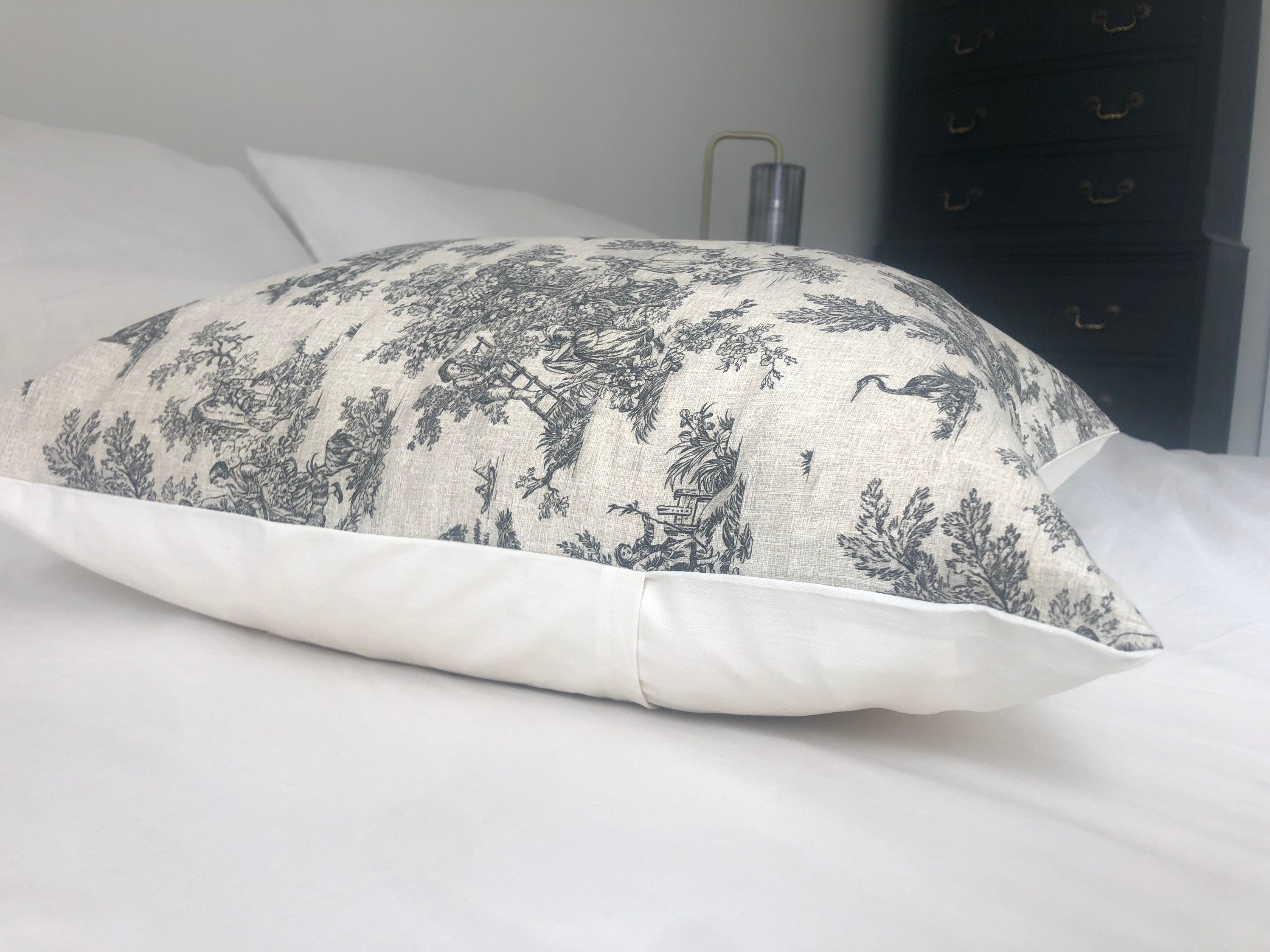 French farmhouse cushion cover, in anthracite grey toile de jouy cotton fabric