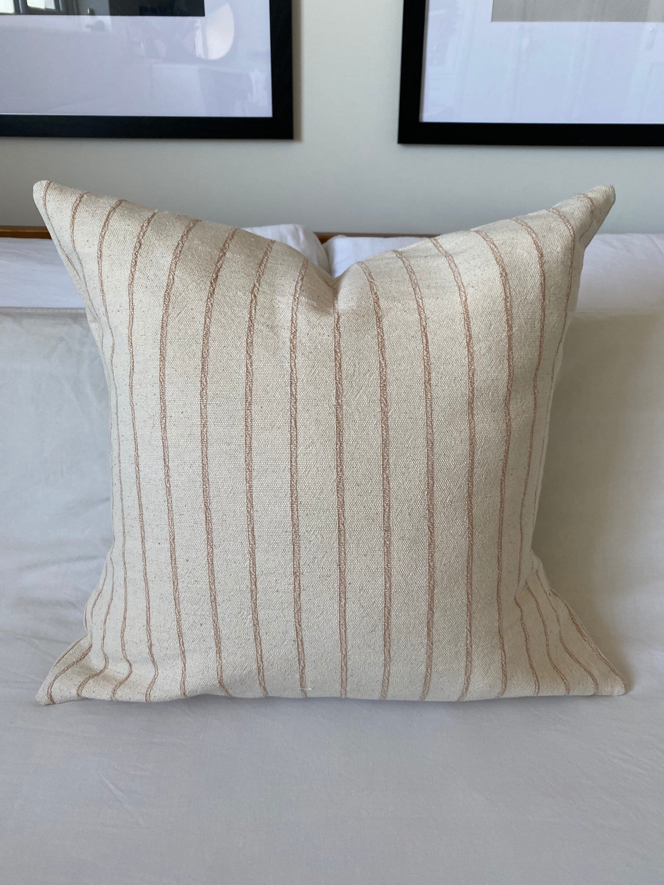 Beige Striped Pillow Cover, Farmhouse Woven Cotton Cushion