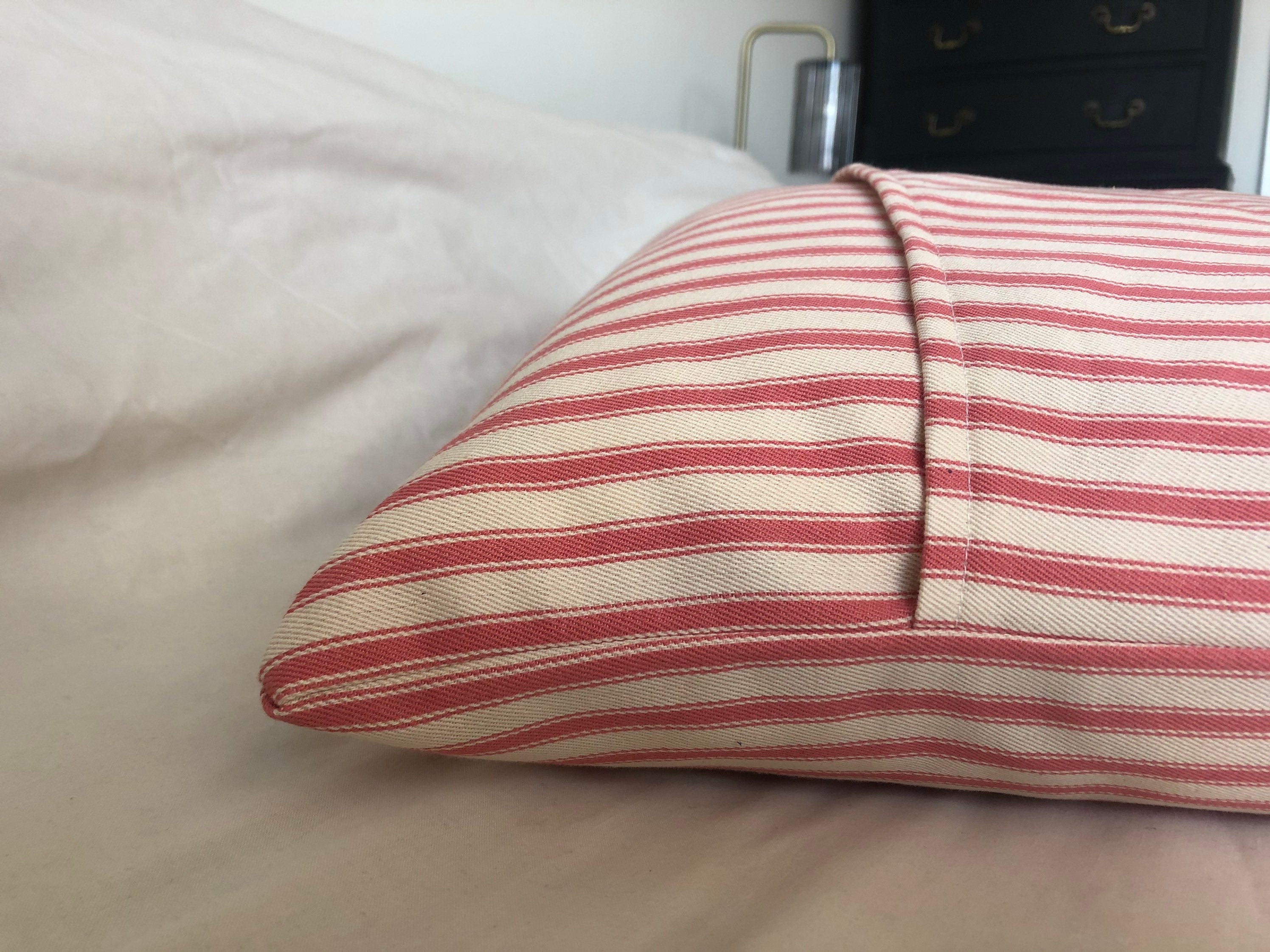 French Country Pillow Cover, Pink Ticking Stripe, Farmhouse Cushion