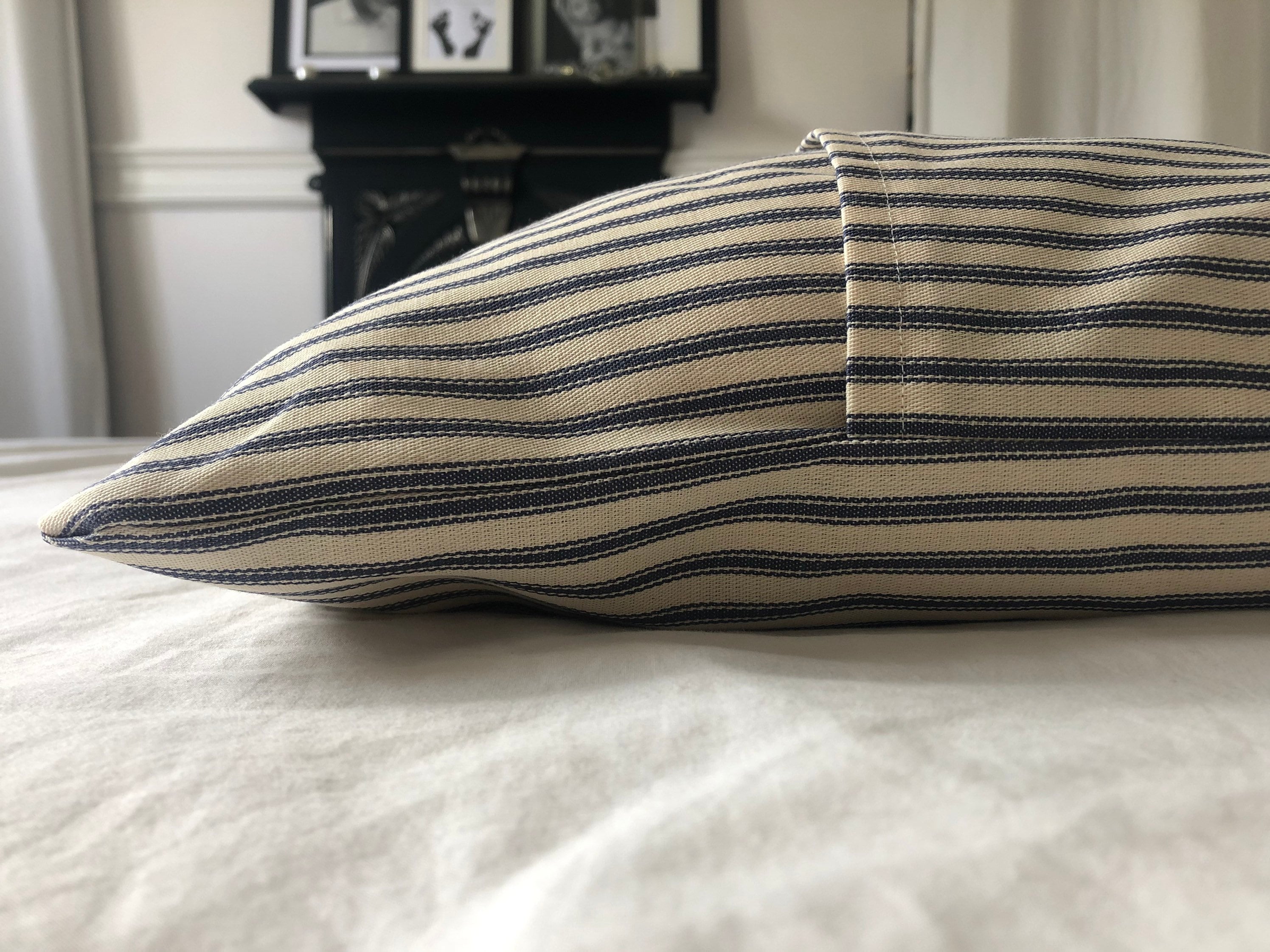 Nautical Stripe Pillow Cover, Blue Ticking Cushion, French Vintage Decor