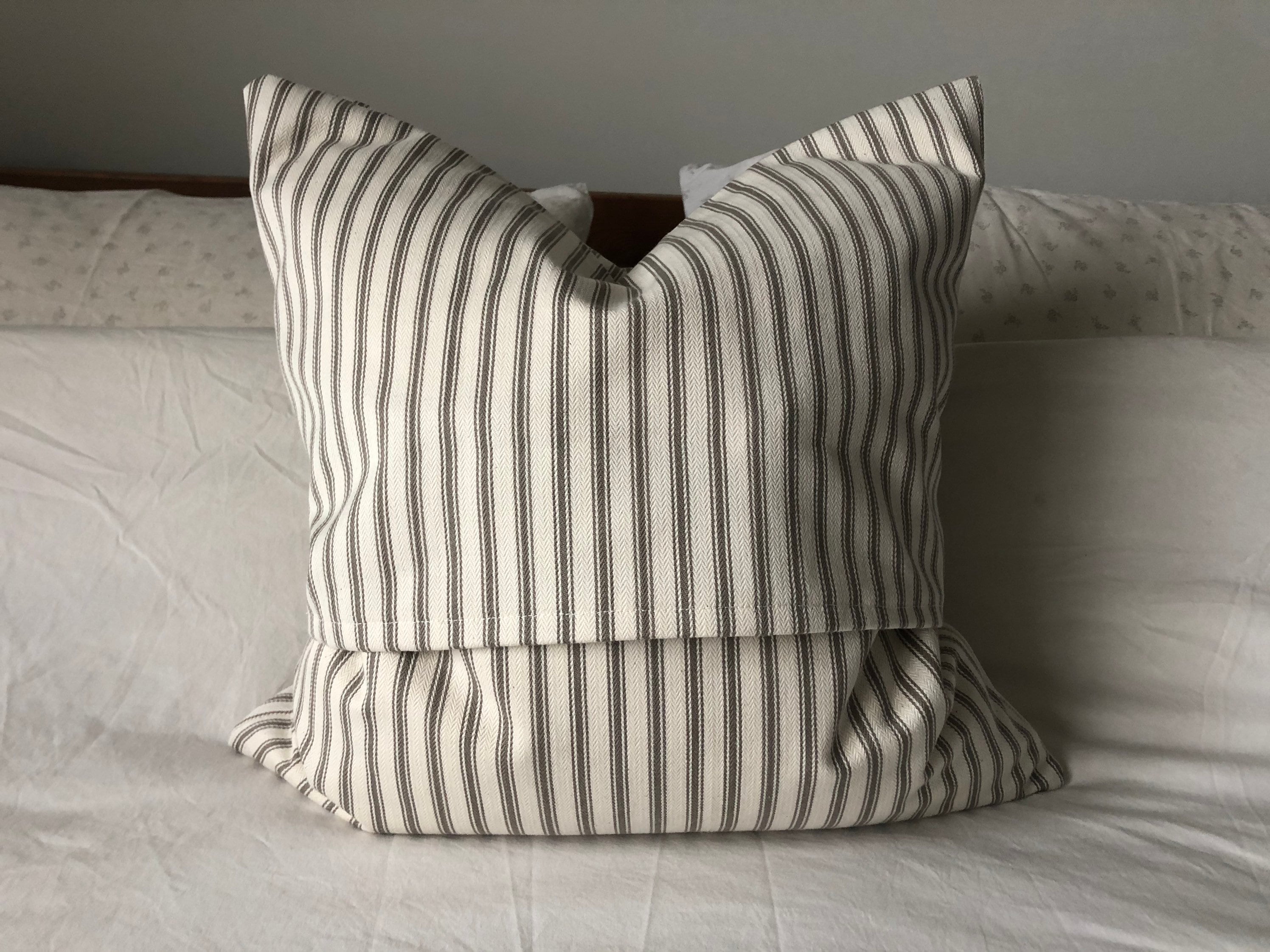 French Country Ticking Stripe Pillow Cover, Beige Vintage Farmhouse Cushion