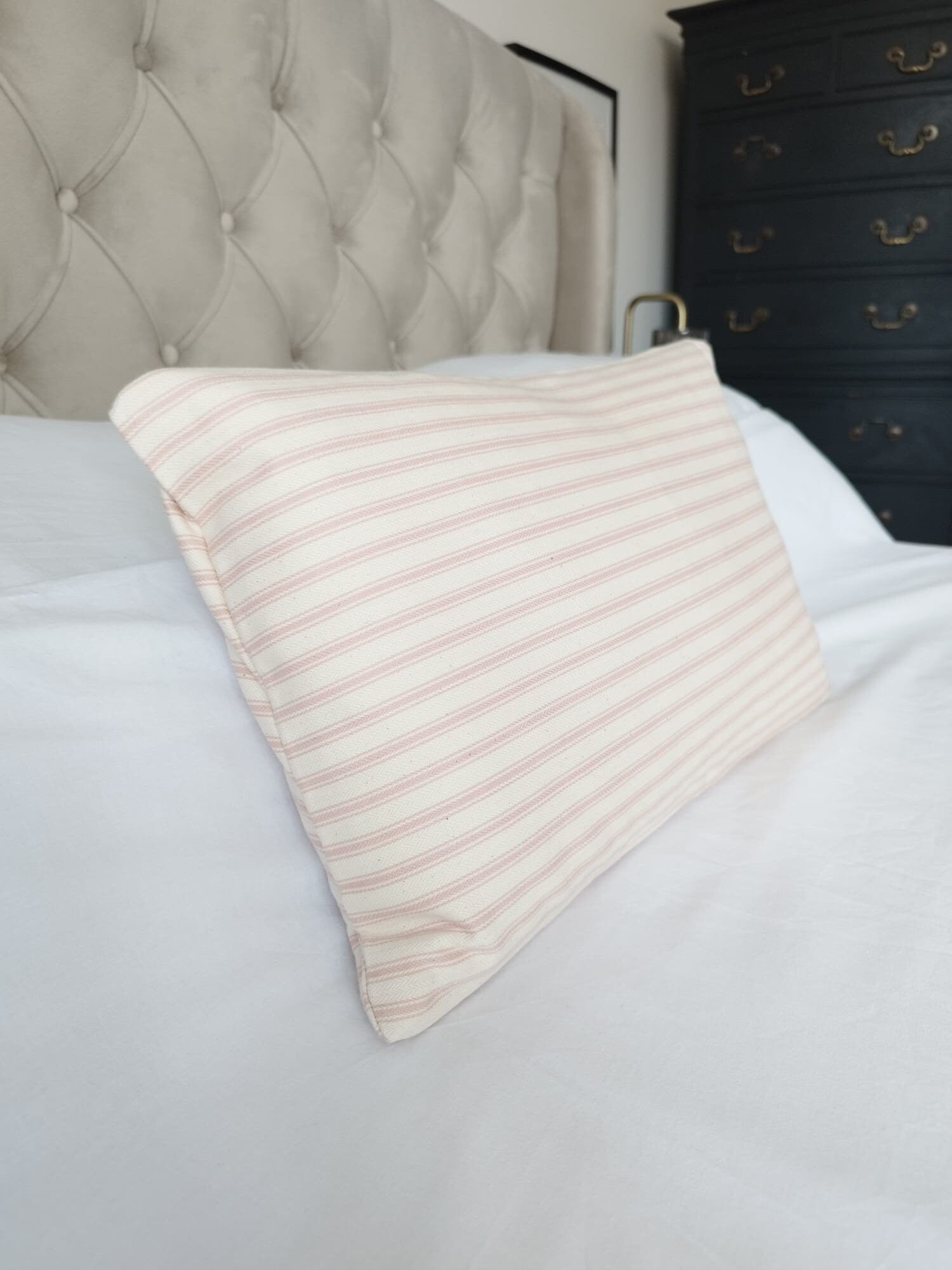french Farmhouse cushion covers, pink blush stripe ticking pillows, bolster throws
