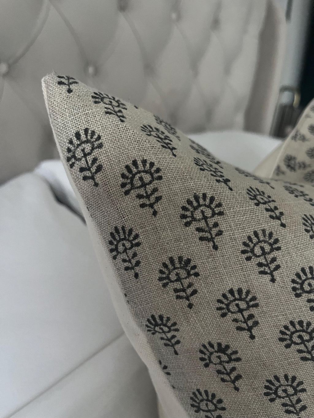 Beige Linen Block Print Pillow Cover: Neutral Bohemian Cushion