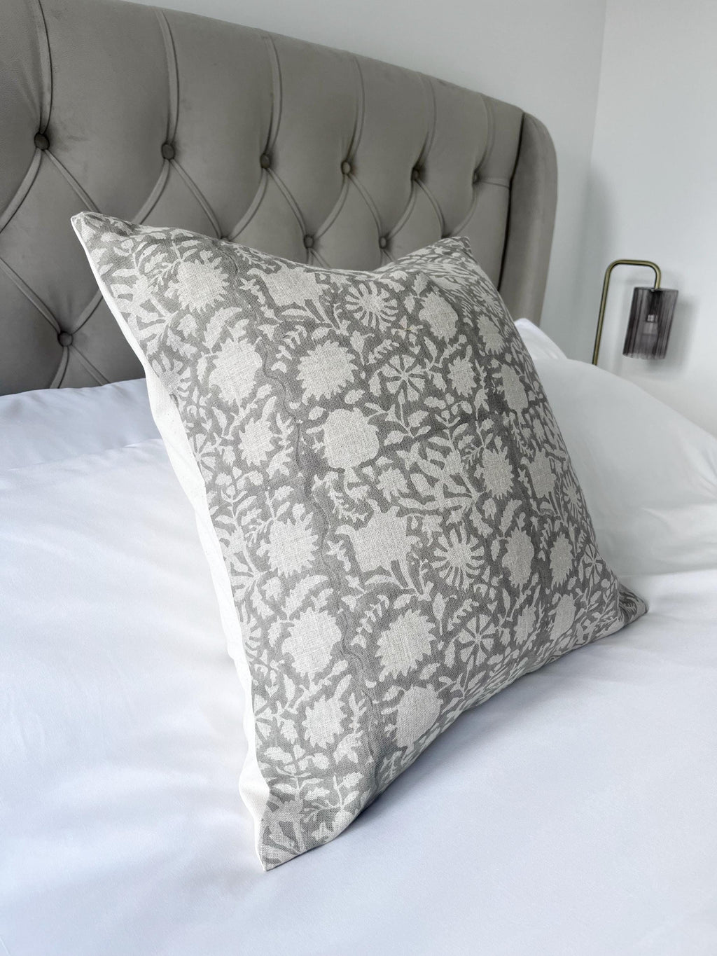 Grey floral block print pillow cover, patterned gray cushion cover