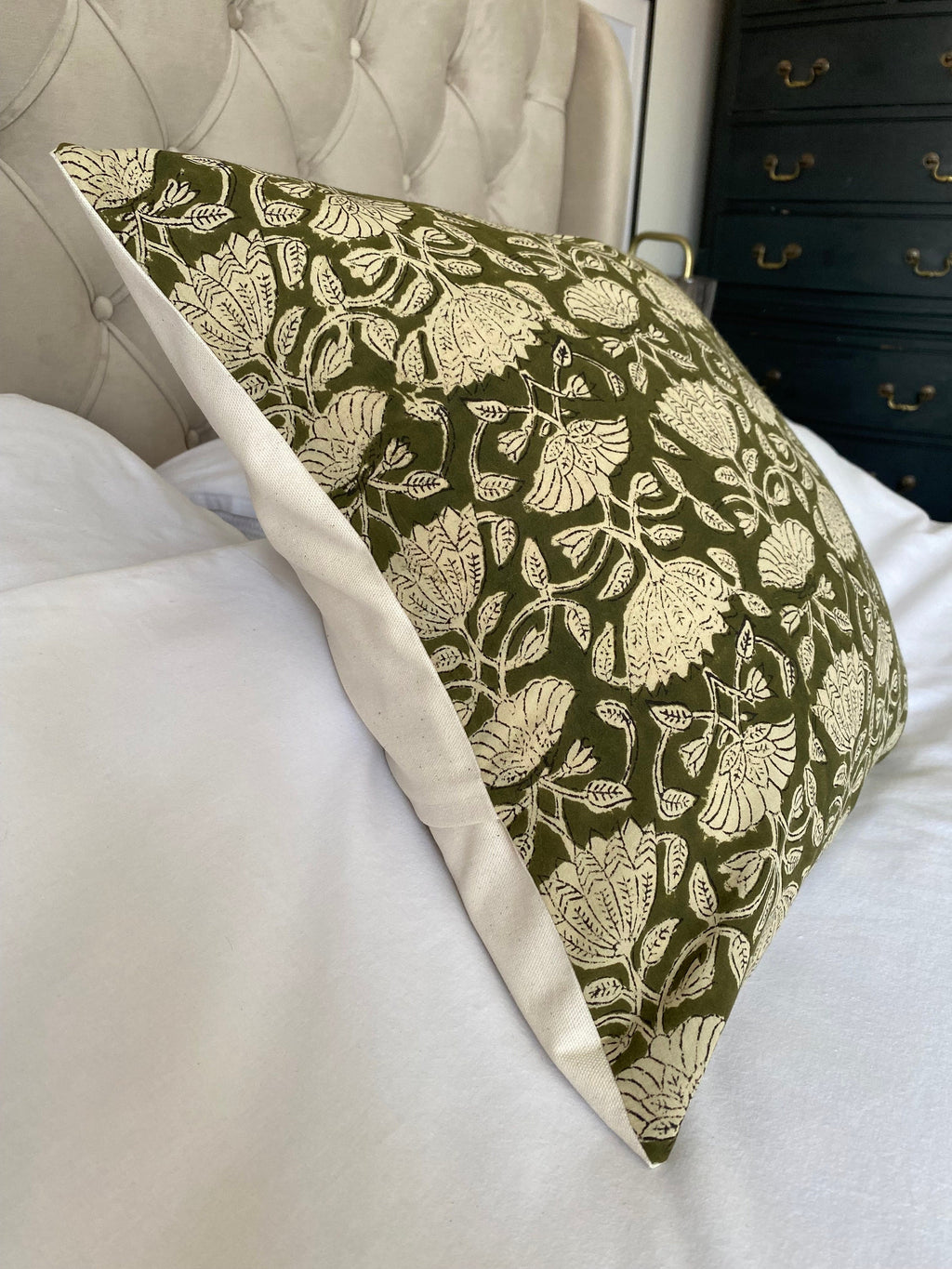 olive green block print cotton cushion covers, with an organic cotton reverse