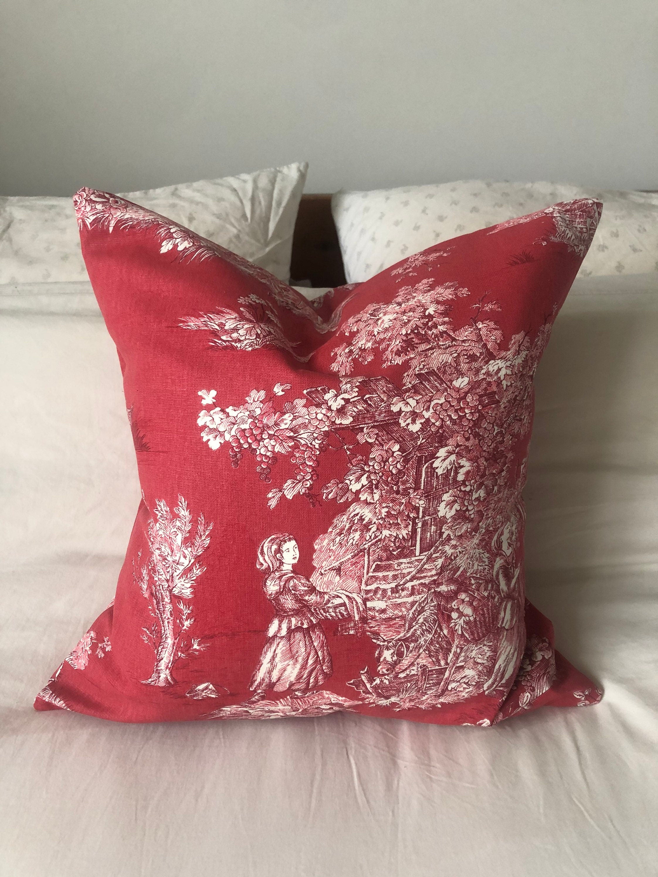 Red Toile de Jouy Pillow Cover, French Country Farmhouse Decor