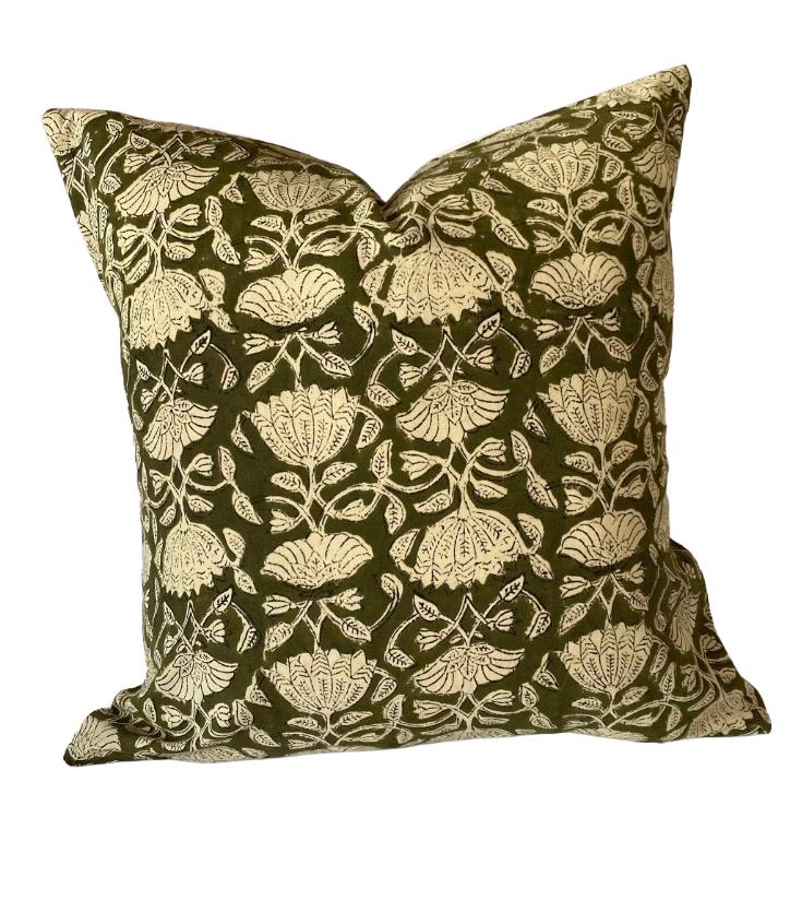 olive green block print cotton cushion covers, with an organic cotton reverse