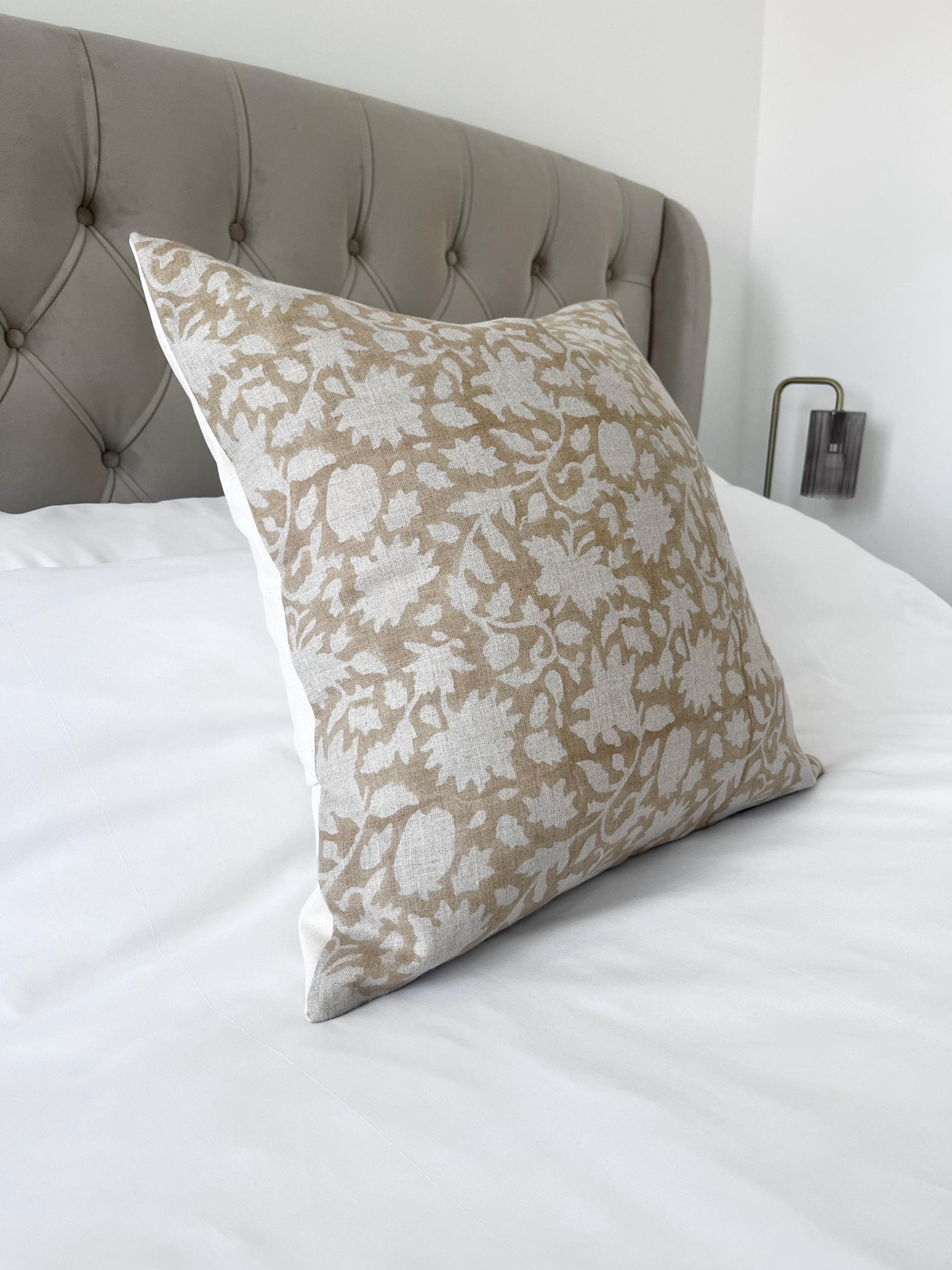 Beige floral block print pillow cover, patterned neutral cushion cover, light brown throw cushion